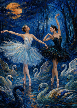 Swan Lake Ballerinas Under Moonlight