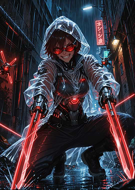 Cybernetics Warrior in Rainy Alley