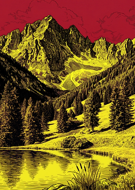 Stylized Mountain Landscape with Red Sky