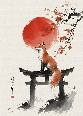 Fox Sitting on Torii Gate