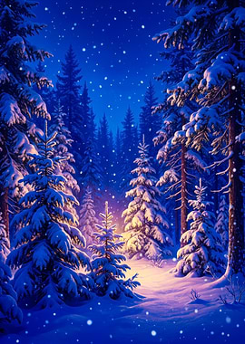 Enchanted Snowy Forest at Night