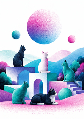 Surreal Cats in Stippled Landscape
