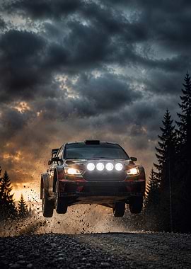 Rally Car Jumping at Sunset