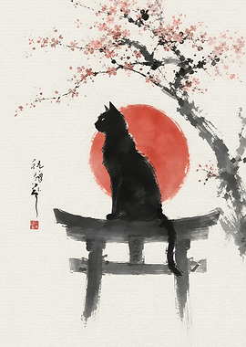 Black Cat on Torii Gate
