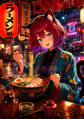 Anime Cat Girl Eating Ramen