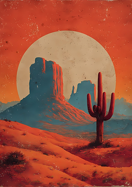 Vintage Desert Landscape with Saguaro Cactus