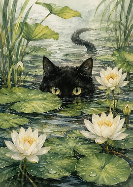 Black Cat in Water Lily Pond