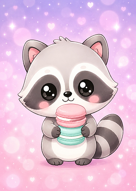 Cute Raccoon Holding Macarons