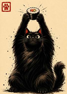 Fluffy Black Cat Holding Sushi
