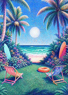 Tropical Beach Pointillism Art
