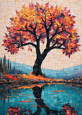 Mosaic Autumn Tree by the Lake