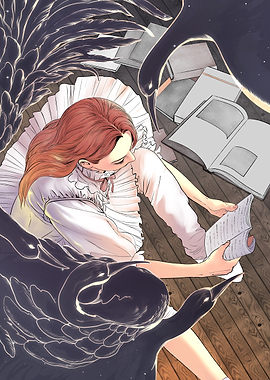 Girl Reading Surrounded by Dark Birds