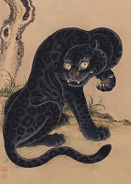 Traditional Japanese Style Black Panther Painting