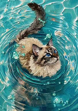 Cat Swimming in Turquoise Water Painting