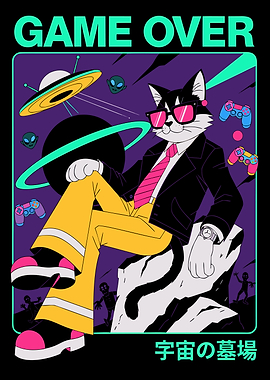 Cool Cat Gamer Space Illustration