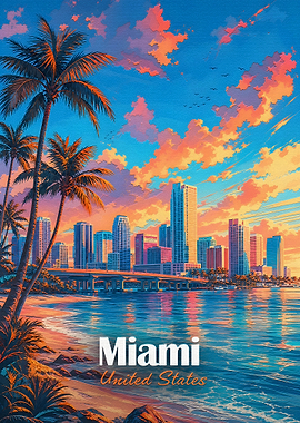 Miami Sunset Cityscape Travel Poster