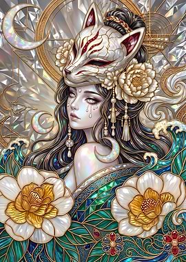 Kitsune Mask Woman Stained Glass Art