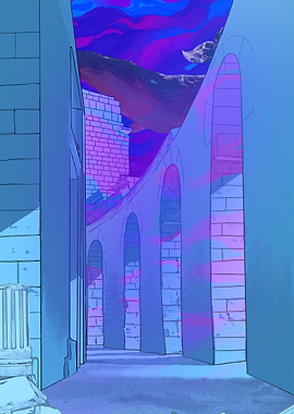 Surreal Stone Archway in Neon Water