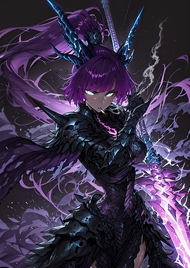 Purple Haired Warrior with Glowing Sword