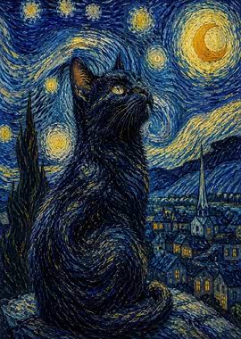 Black Cat in Starry Night Style