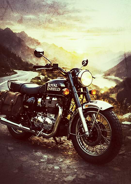 Royal Enfield Motorcycle in Mountain Landscape