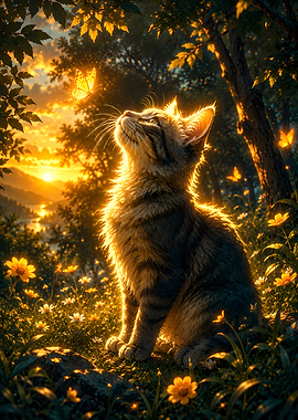 Tabby Kitten Watching Glowing Butterfly