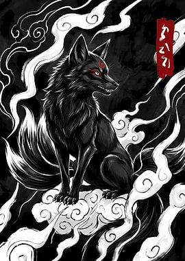 Mystical Black Kitsune Fox Illustration