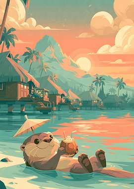 Cute Otter Relaxing in Tropical Paradise