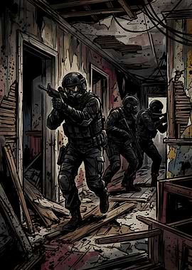SWAT Team Clearing Ruined Building
