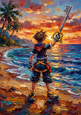 Sora Holding Keyblade at Sunset