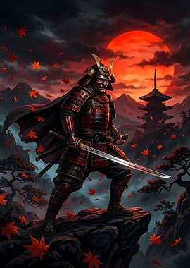 Samurai Warrior Under Red Moon