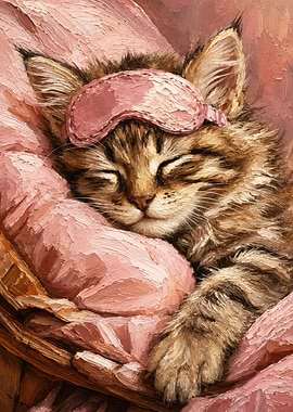 Sleeping Kitten with Pink Eye Mask