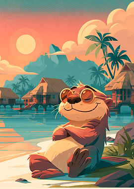 Cool Otter Relaxing on Tropical Beach
