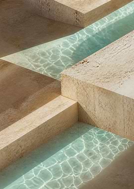 Minimalist Travertine Stone and Water Steps