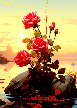 Red Roses on Rock at Sunset