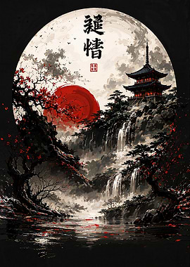 Japanese Pagoda Landscape with Red Sun