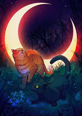 Two Cats Under a Crescent Moon
