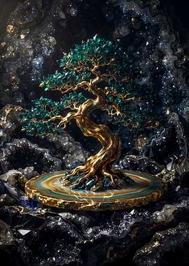 Golden Bonsai with Emerald Crystal Leaves