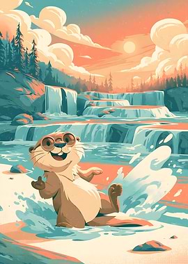 Happy Otter Playing in Waterfall