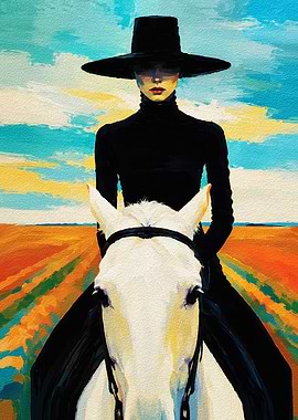 Woman in Black Hat Riding Horse