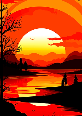 Vibrant Sunset Over Mountain Lake