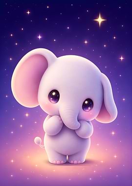 Cute Baby Elephant Under Starry Sky