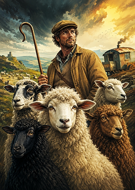 Shepherd with his flock of sheep