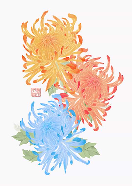 Watercolor Chinese Spider Chrysanthemum Floral Art