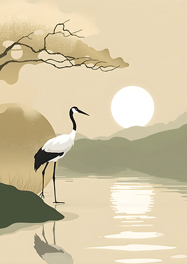 Minimalist Japanese Crane at Sunset