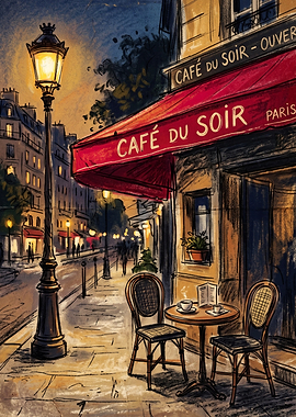 Parisian Cafe at Night Illustration