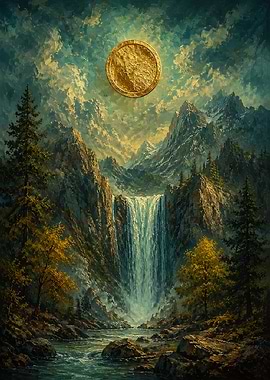 Golden Sun Over Mountain Waterfall