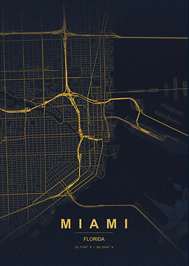 Minimalist Gold Miami City Map