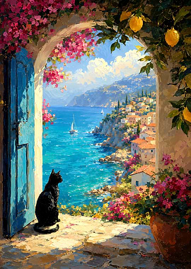Black Cat Overlooking Mediterranean Coast