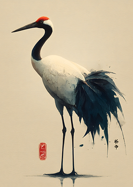 Elegant Red-Crowned Crane Watercolor Painting